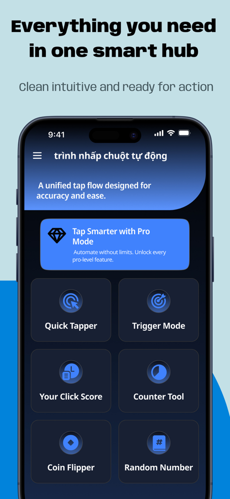 Tự động click : Tự động bấm - Panel de control de la aplicación Auto Clicker con herramientas como el Modo Disparador de Toque Rápido y la Puntuación CPS