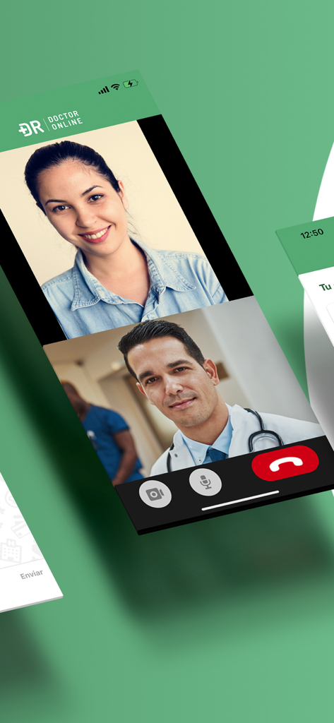 Doctor Online - Interface de videochamada entre um paciente e um médico no aplicativo móvel Doctor Online.