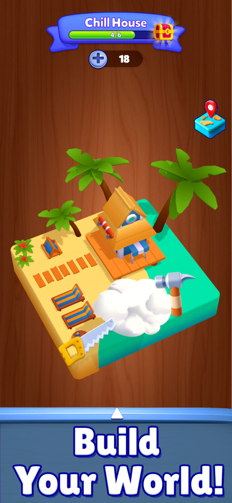 Block Mania: Color Jam - A beach scene construction in Block Mania Color Jam featuring a Chill House and palm trees