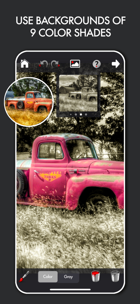 흑백 배경에 분홍색 선택적 색상이 있는 빈티지 트럭을 보여주는 Colorfader 앱 스크린샷