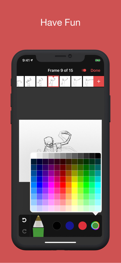 Animatic - Screenshot of the Animatic app frame editor showing a character sketch and a vibrant color selection palette.