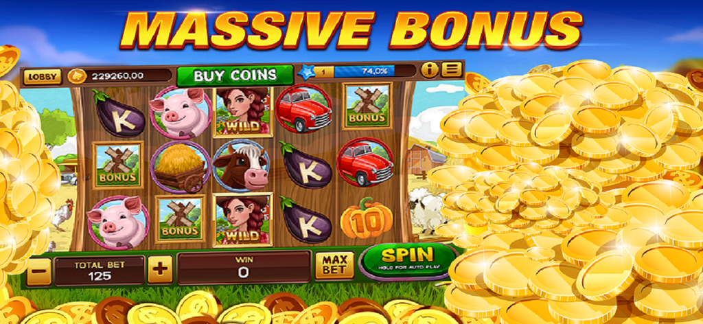 A farm themed slot machine interface with a massive bonus and a pile of gold coins