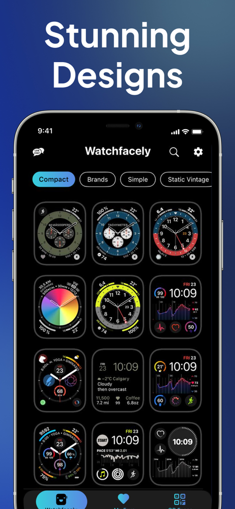 Watchfacelyアプリのインターフェースに、多様でカスタマイズ可能なApple Watchフェイスデザインのグリッドが表示されている。