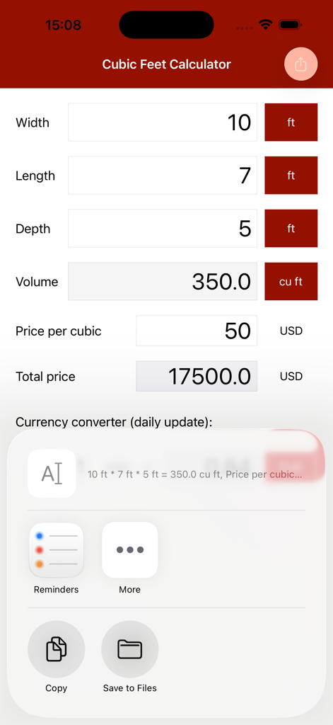 Cubic Feet Calculator Pro mobile app interface displaying volume and price calculation results.