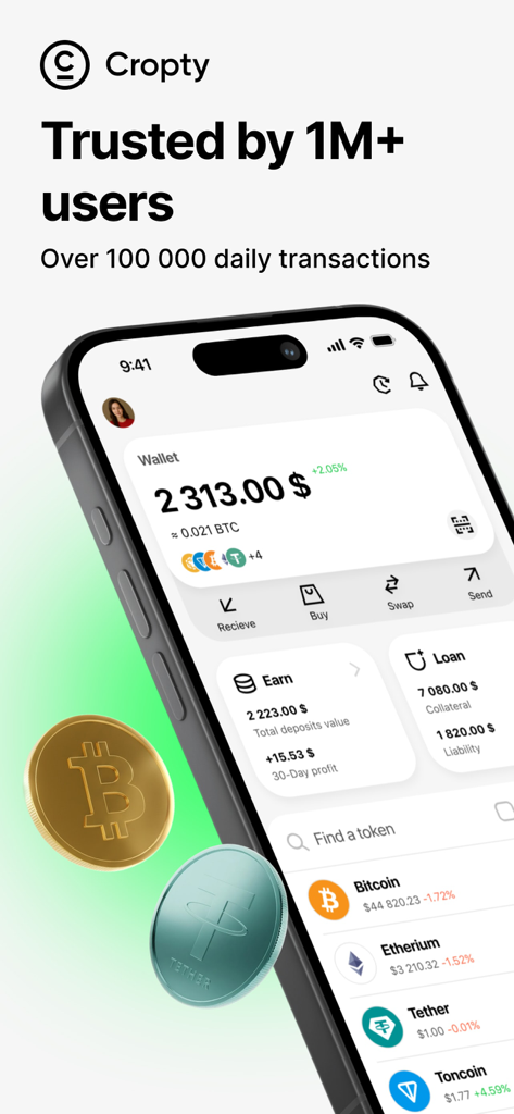 Cropty wallet – Bitcoin & USDT - Cropty wallet mobile app interface showing cryptocurrency balance and earning tools.