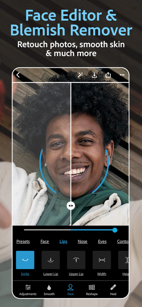 Editor de rostros de Photoshop Express que muestra una pantalla dividida de antes y después para el retoque de retratos.