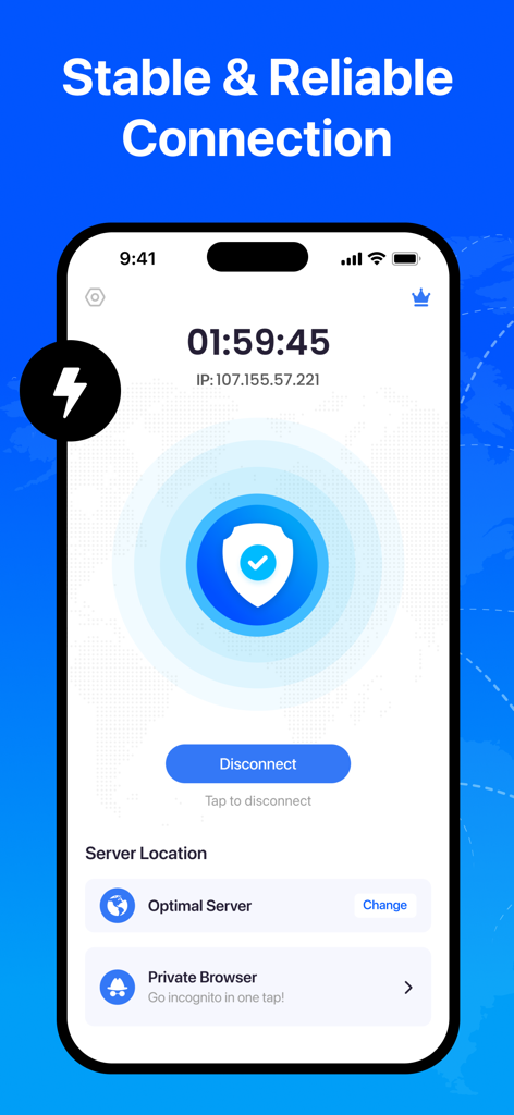 Interfaz de la aplicación móvil VPN Proxy Master que muestra una conexión estable y confiable con un temporizador de sesión activo y una dirección IP.