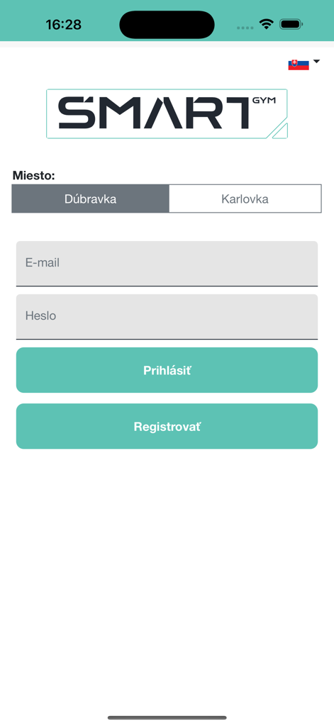 Smart gym - Smart gym app login screen with fields for email and password and a location selector