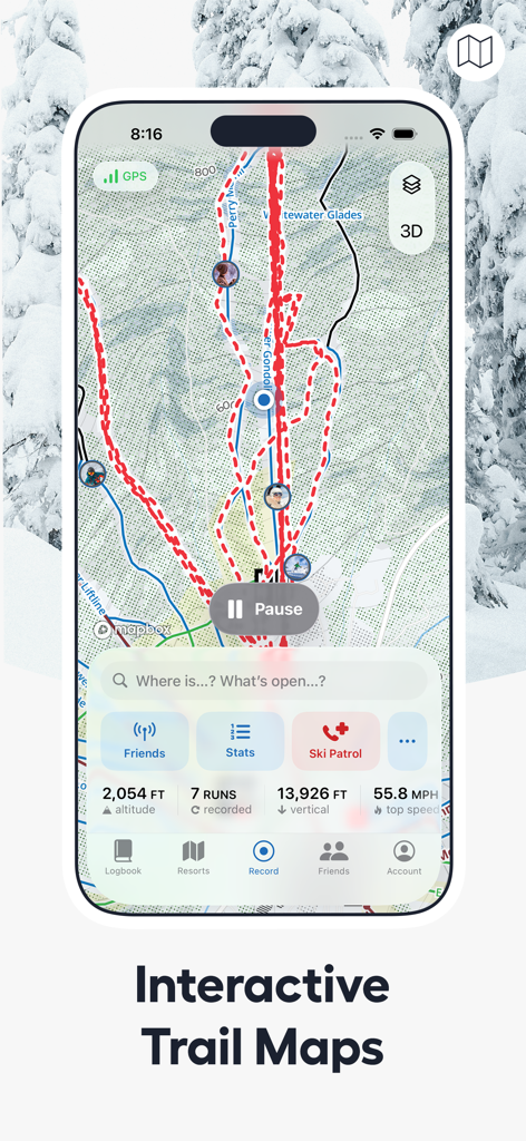 Slopes: Ski & Snowboard - Slopes app displaying an interactive 3D ski trail map with live run tracking and performance statistics.
