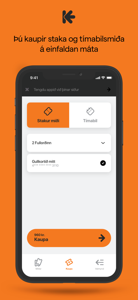 Klappið mobile app interface for buying single bus tickets in Iceland