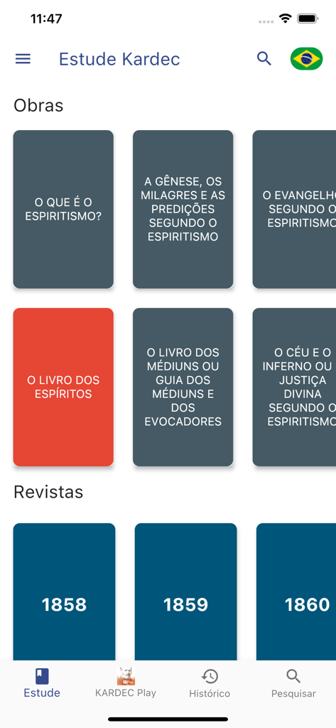 Kardecpedia - Library interface of Kardecpedia app listing Spiritist works and historical magazines