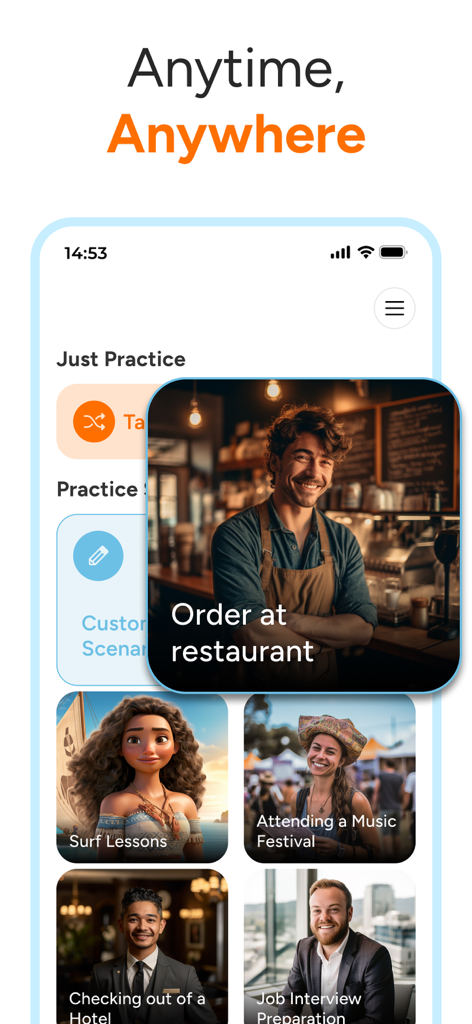 SpeakWell app interface showing real life English speaking practice scenarios like ordering at a restaurant and job interview preparation
