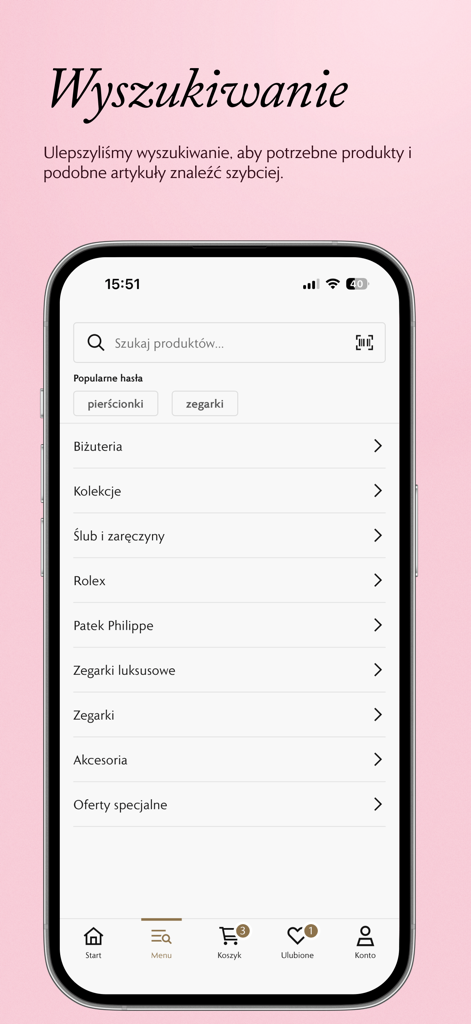W.KRUK - W.KRUK mobile app search screen showing categories for jewelry and luxury watches like Rolex and Patek Philippe
