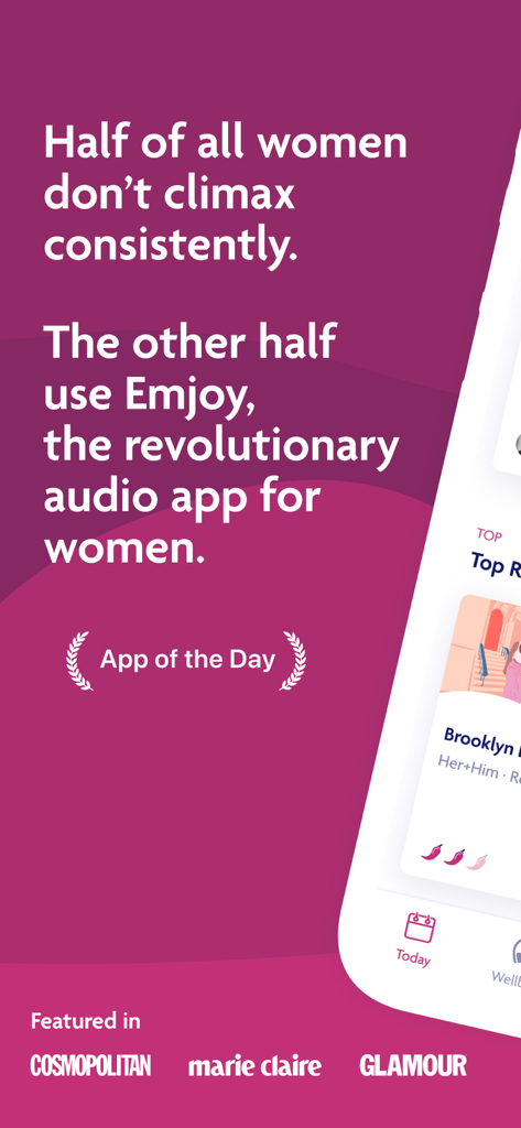 Emjoy - Female wellcare - Pantalla promocional de la aplicación de bienestar femenino Emjoy, describiéndola como una aplicación de audio revolucionaria para mujeres con menciones de prensa de Cosmopolitan y Glamour.