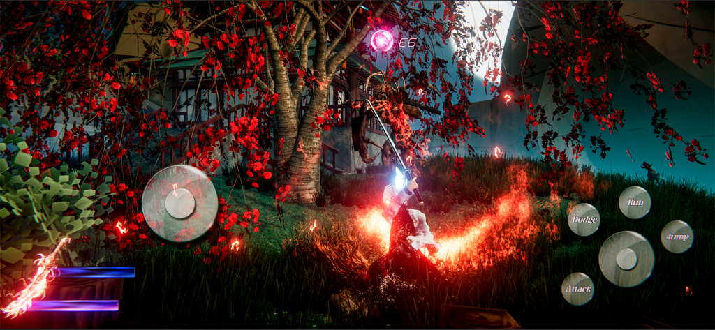 Demon RPG God. Hunter Blade 3D - A ninja character fighting a monster in a 3D action RPG with fiery sword effects in a mystical forest.
