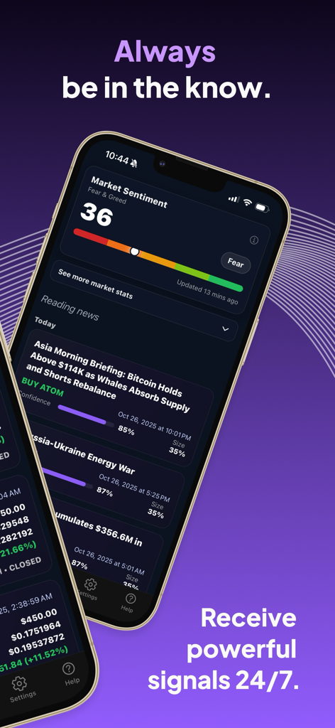 BeNow: AI Crypto Trader Bot - BeNow mobile app interface showing market sentiment fear and greed index and real time crypto trading signals