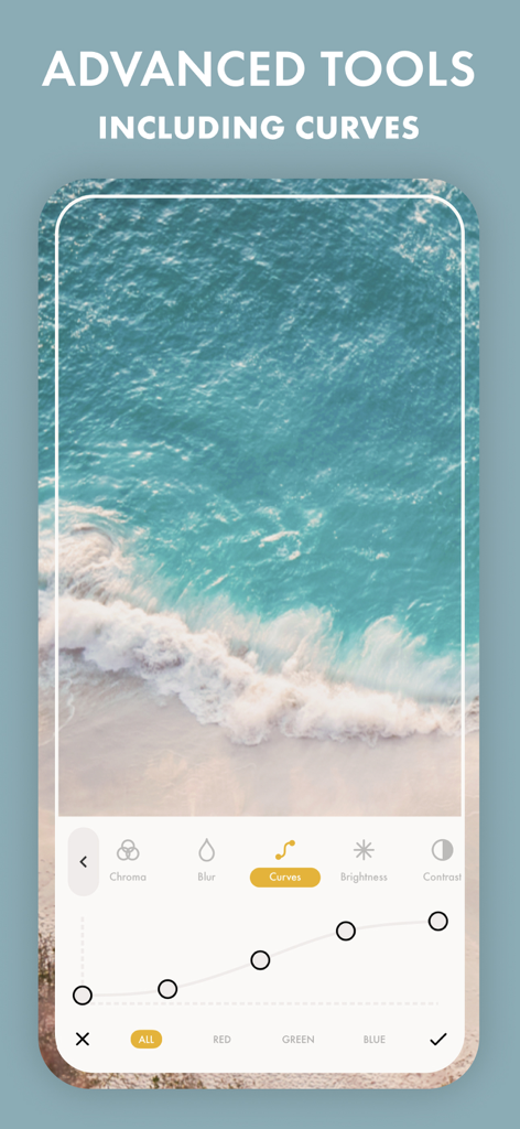 Filmm: One-Tap Video Editor - Interface de usuário do aplicativo Filmm demonstrando ajuste avançado de curvas de cores para edição de vídeo móvel.