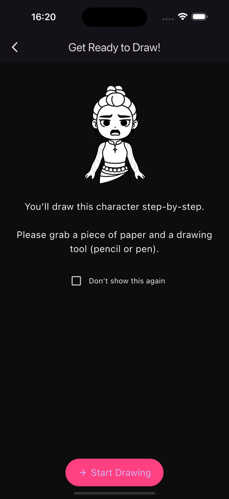 Pantalla introductoria para un tutorial de dibujo de un idol K-Pop con un botón de empezar a dibujar
