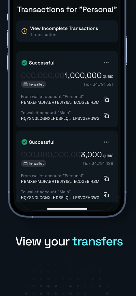 Qubic Wallet transaction history screen showing successful transfers