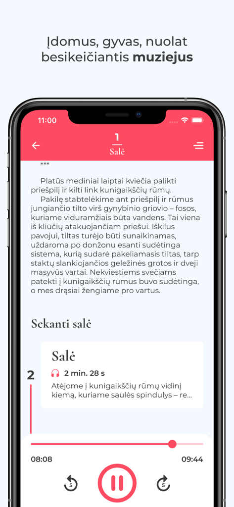 Ein Bildschirm einer mobilen App, der einen digitalen Reiseführer für das Trakai-Historische Museum mit Audio-Wiedergabeoptionen zeigt