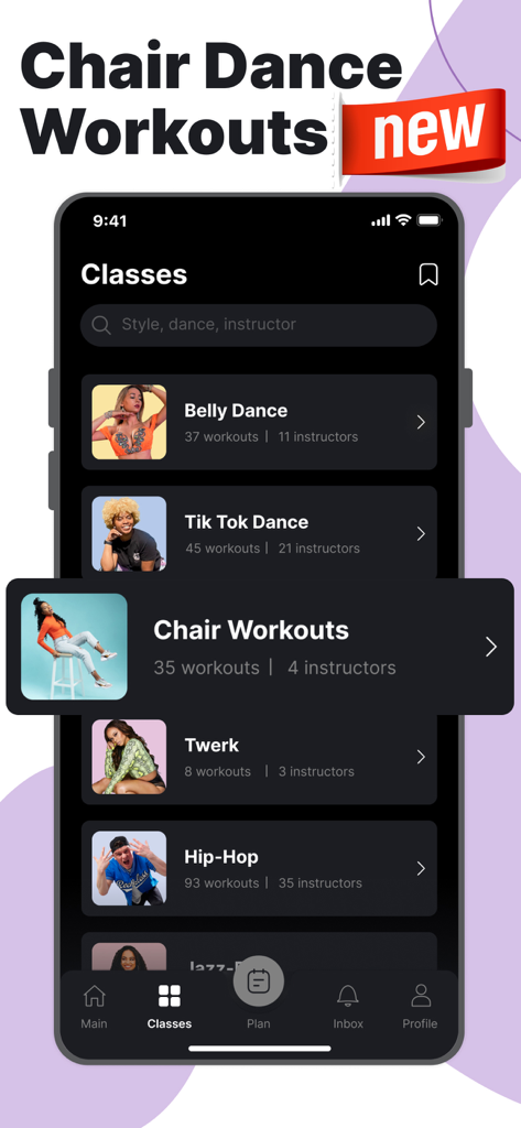 Screenshot of the Everdance app classes screen featuring various chair dance workout styles.