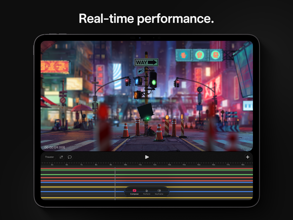 Interfaccia di Procreate Dreams su iPad che mostra una timeline di animazione multi-traccia e una scena cittadina al neon.