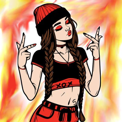 realistic teenage girl with braids and a beanie and crop top doing 🫶🏼