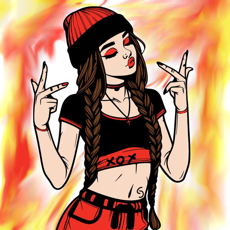 realistic teenage girl with braids and a beanie and crop top doing 🫶🏼