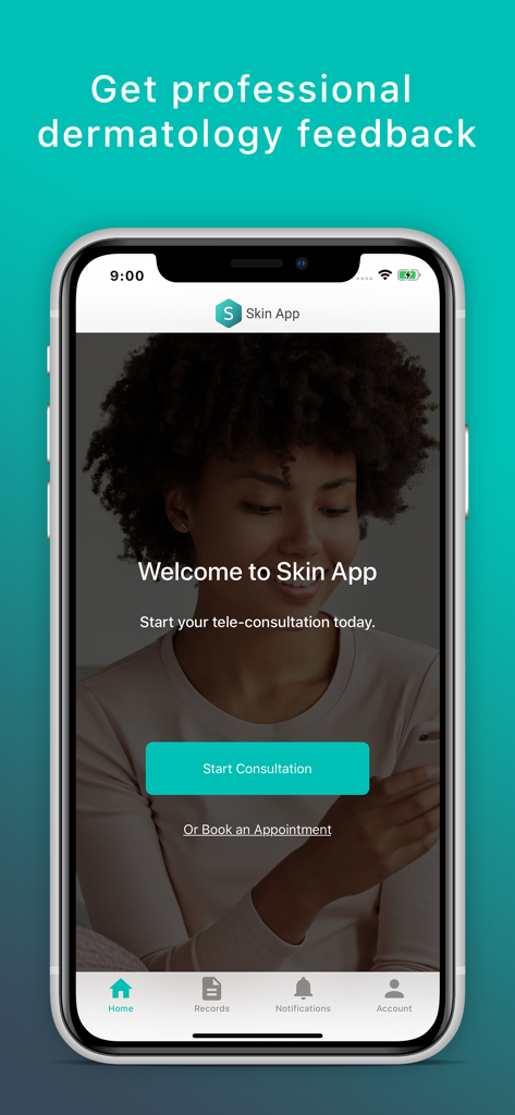 Skin App - Online Dermatology - Skin App Startbildschirm mit Optionen zur Einleitung einer Tele-Konsultation oder Buchung eines Termins