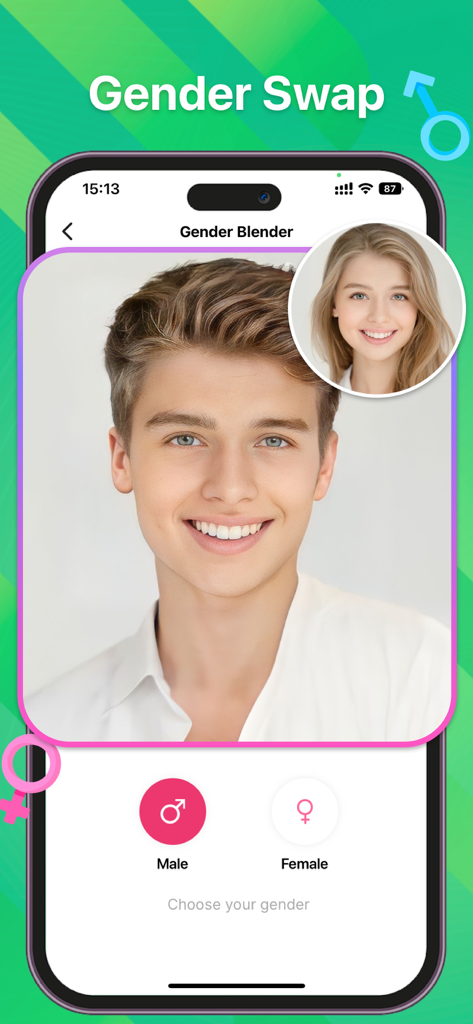 iPhone screen showing the Gender Swap feature with a male and female face conversion in the AI Future Baby Face Generator app
