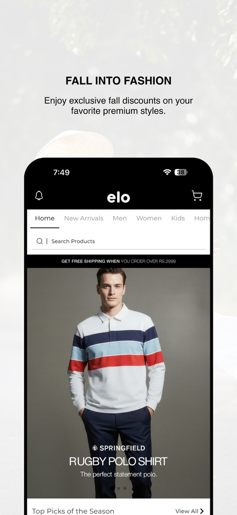 elo Shopping App - Elo Shopping App-Oberfläche mit saisonalen Herbstmode-Rabatten und einem abgebildeten Herren-Rugby-Polohemd.