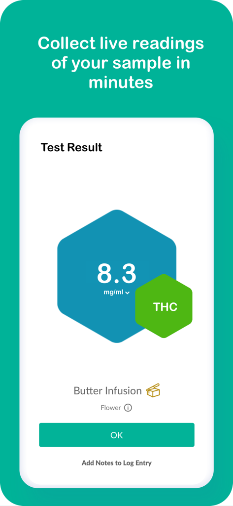 tCheck app screen displaying a THC potency test result for a butter infusion.