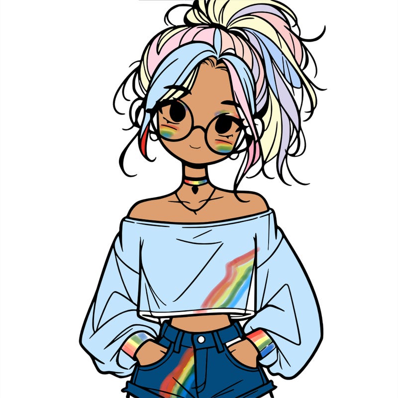girl with a messy ponytail glasses a baggy crop top and jean shorts