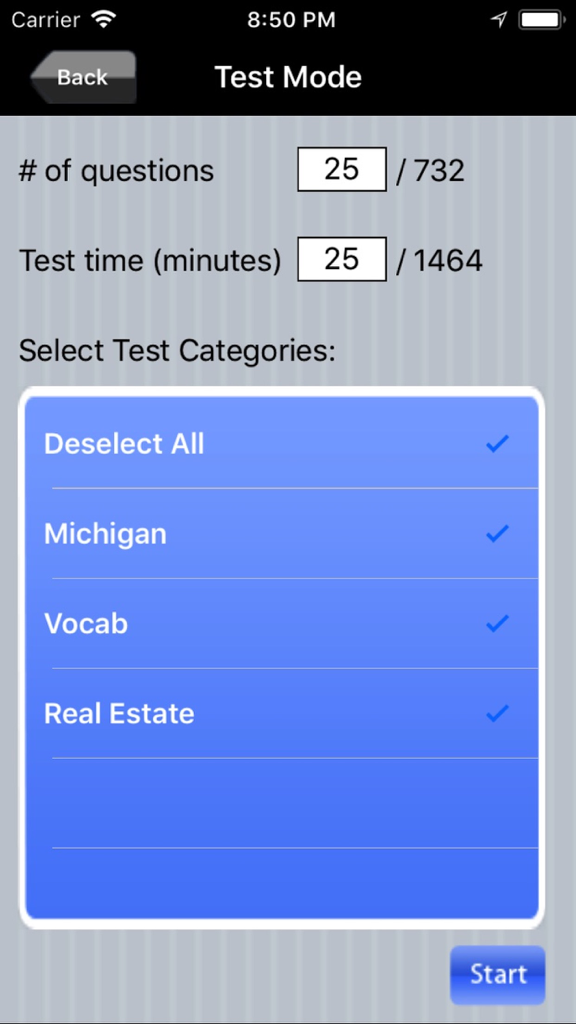 Michigan Real Estate Test Prep app test mode configuration screen.