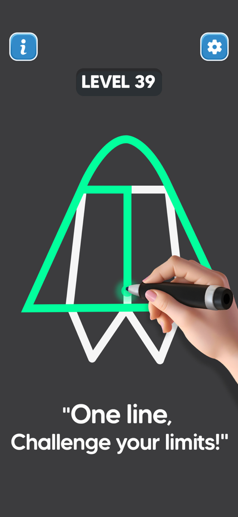 A hand drawing a continuous green line to complete a rocket-shaped puzzle on level 39 of the Line Drawing No Lift mobile game.