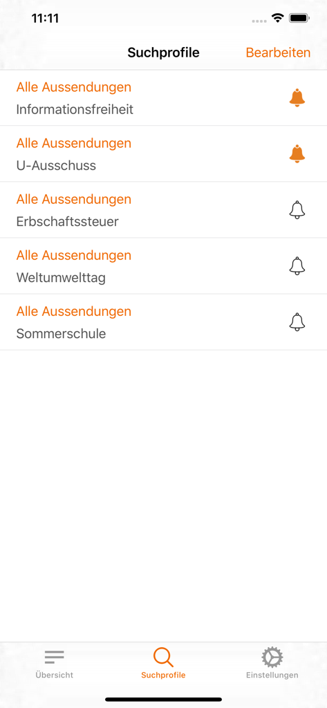 APA-OTS - Interface showing custom search profiles and notification icons in the APA-OTS mobile app