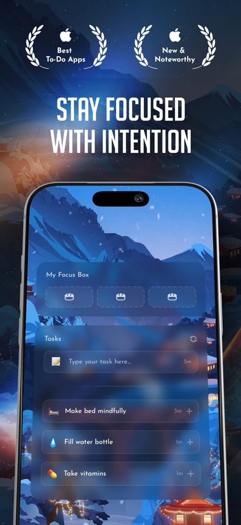 Bento Focus - Focus Timer - Bento Focus app interface showing task management over a calming Japanese winter scene