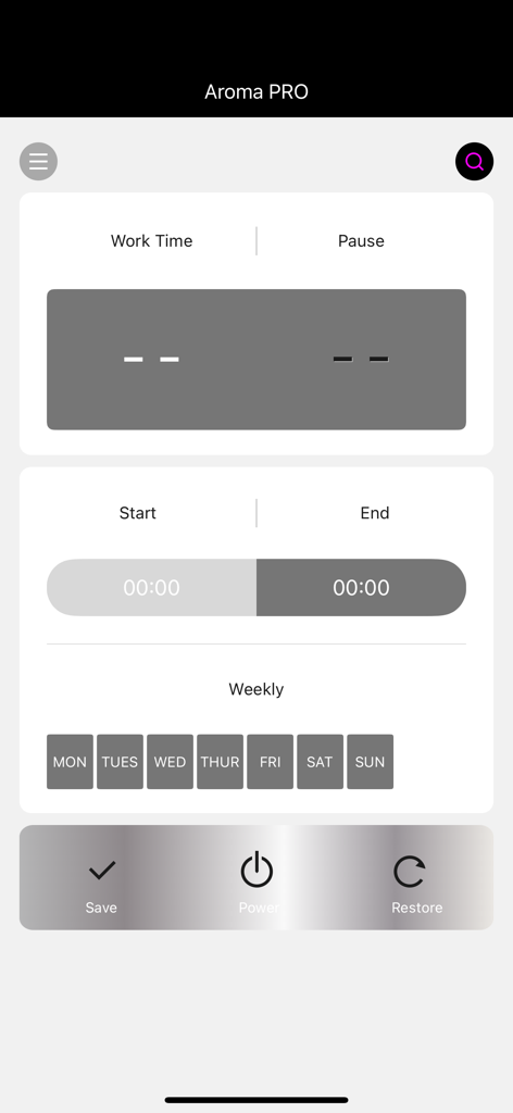 Aroma pro - Weekly schedule and timer settings for the Aroma pro smart diffuser app