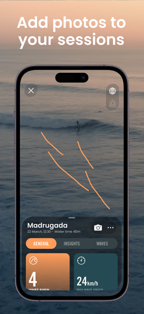 An iPhone showing the Dawn Patrol app surf session overview with wave count, top speed, and a background photo of a surfer on a wave.