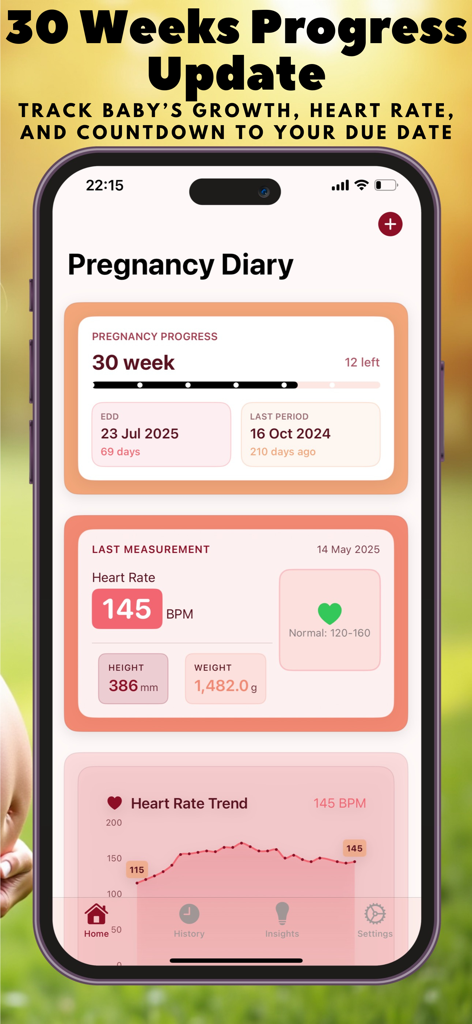 My Baby - Pregnancy Diary - Panel de progreso del embarazo que muestra actualizaciones de la semana 30 y mediciones de la frecuencia cardíaca del bebé