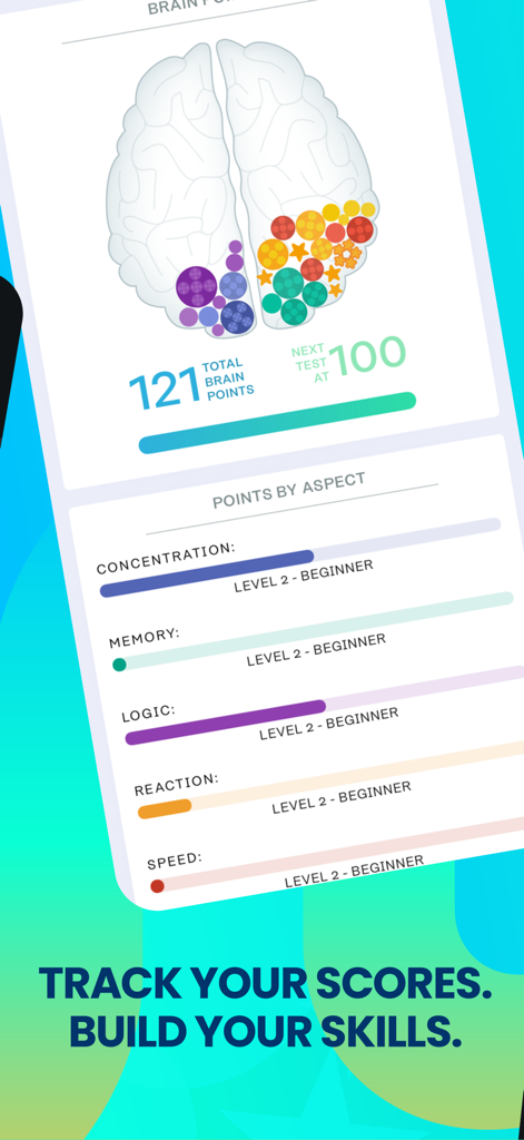 Interface of the Memorado app showing brain training scores and progress levels for memory and logic.