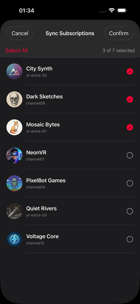 MeTube - Your Channels Only - Interface de l'application MeTube pour sélectionner et synchroniser les abonnements YouTube