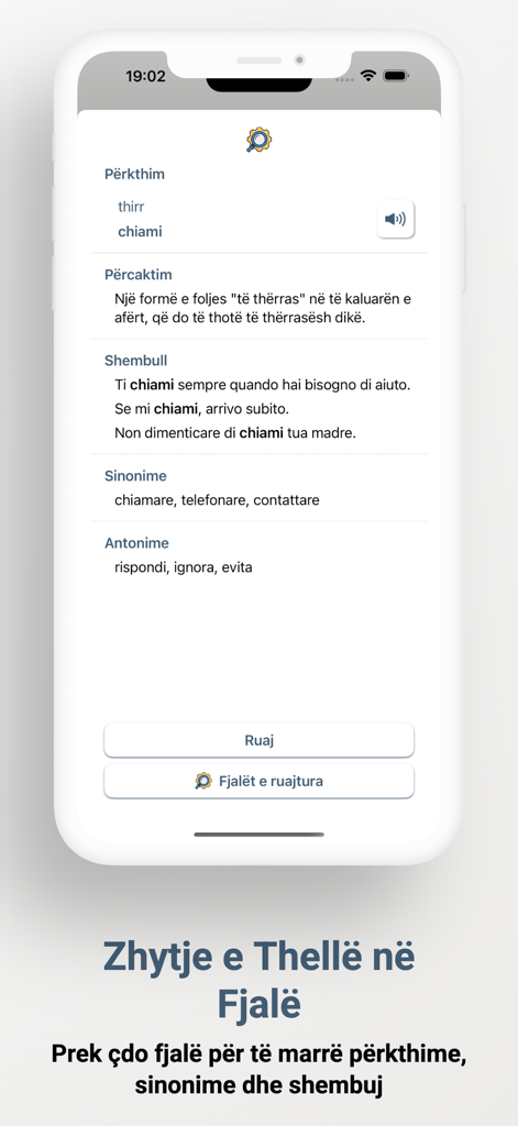 The Meso Italisht app interface displaying a deep dive into an Italian word with its Albanian translation, definition, example sentences, synonyms, and antonyms.