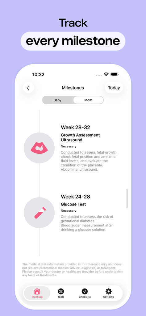 Pregnancy Tracker, Due Date - Pantalla de la aplicación de seguimiento del embarazo que muestra una lista de hitos del bebé y la madre.