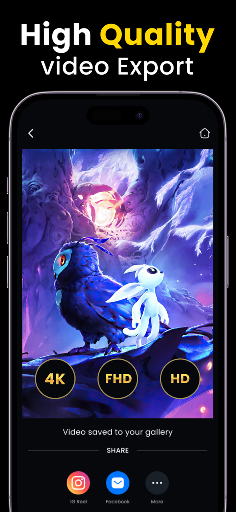 Live Recorder: Record Screen - Mobile app interface showing high quality 4K video export and social media sharing options