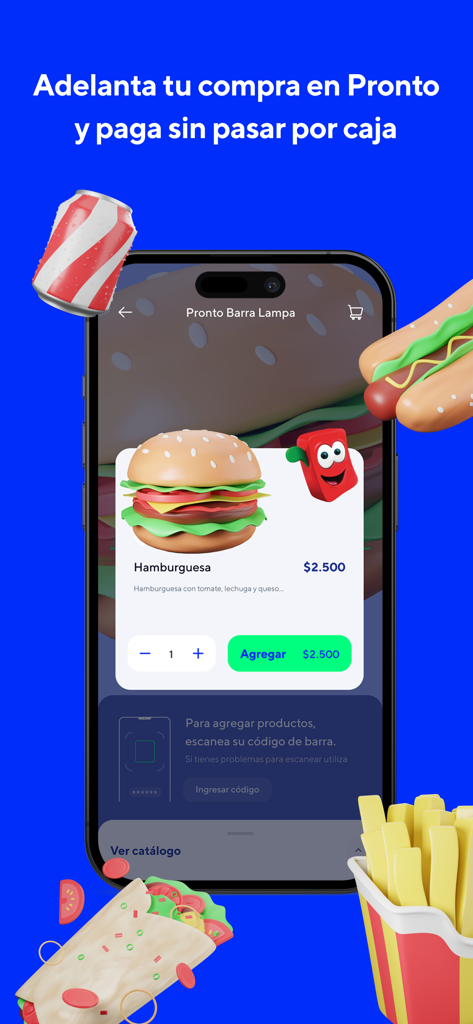 Copec app interface for ordering food at Pronto stores showing a hamburger and mobile payment option