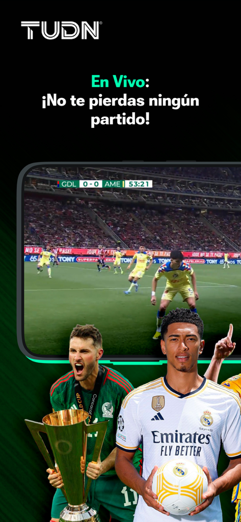 TUDN: TU Deportes Network - Interfaz de la app TUDN mostrando un partido de fútbol en vivo y jugadores de fútbol profesionales