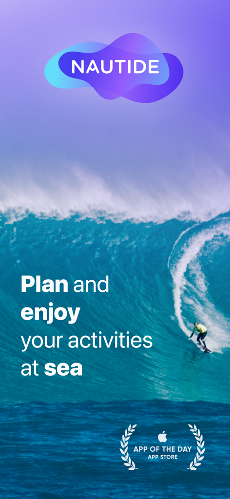 Nautide: Tides, Wind, Waves + - Nautide app splash screen showing a surfer on a large ocean wave with the slogan Plan and enjoy your activities at sea