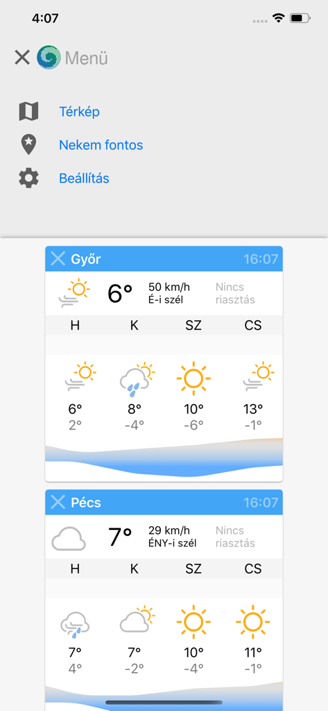 OMSZ Meteora app interface showing weather forecasts for Hungarian cities Gyor and Pecs
