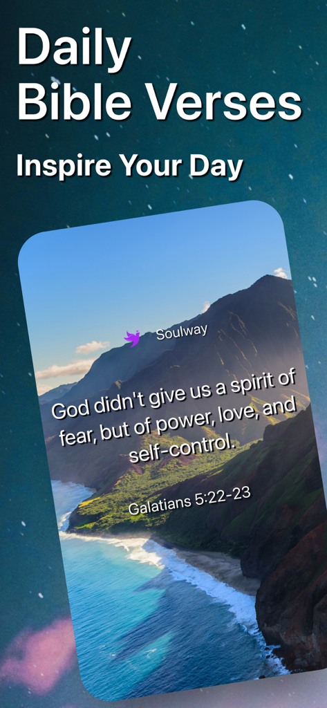 Soulway - Daily Bible Verse - A daily Bible verse displayed over a scenic mountain and ocean background in the Soulway app.
